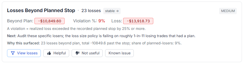 Feedback buttons under each Trading Review card