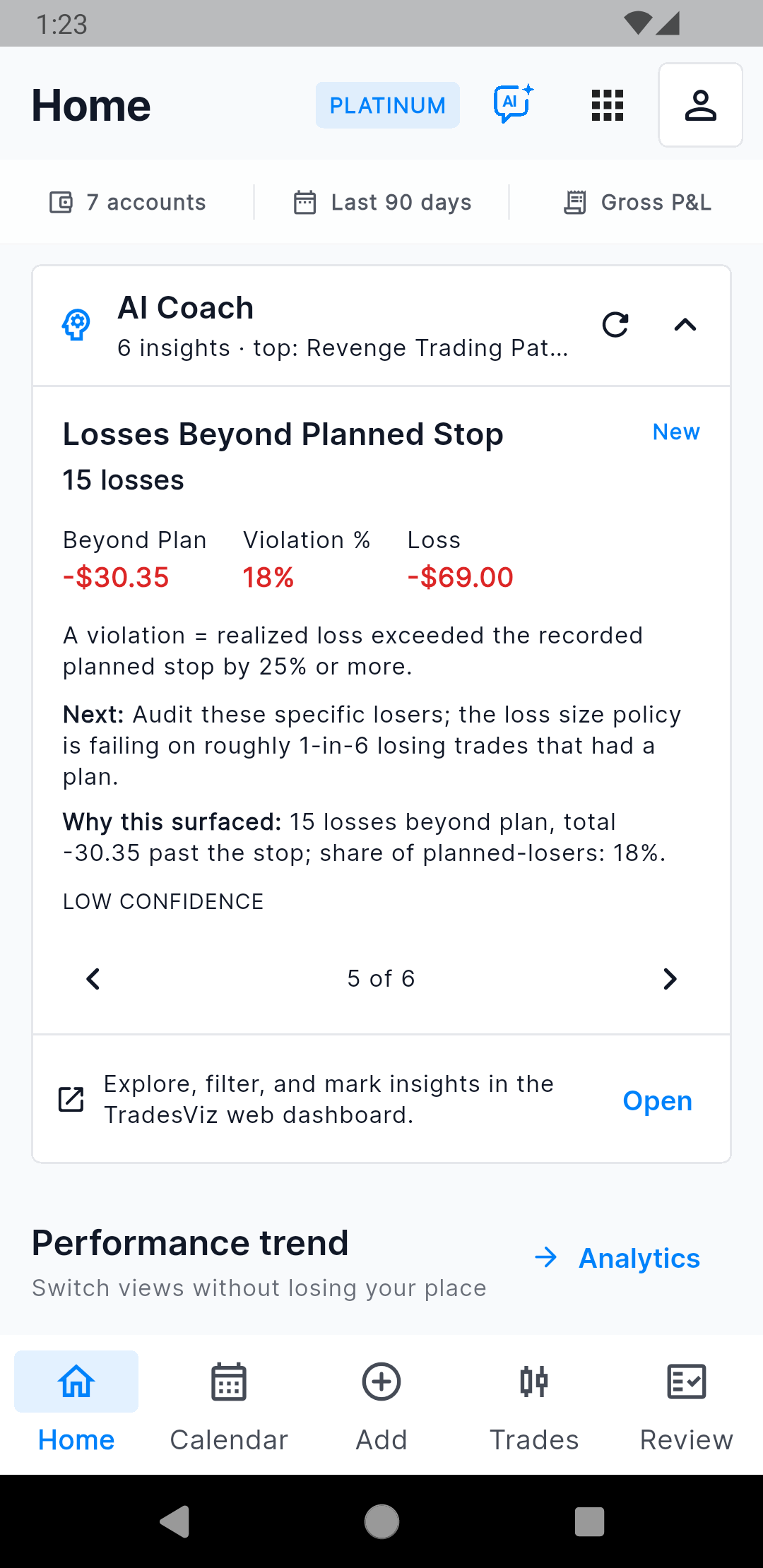 TradesViz Mobile V3 AI Coach showing Losses Beyond Planned Stop