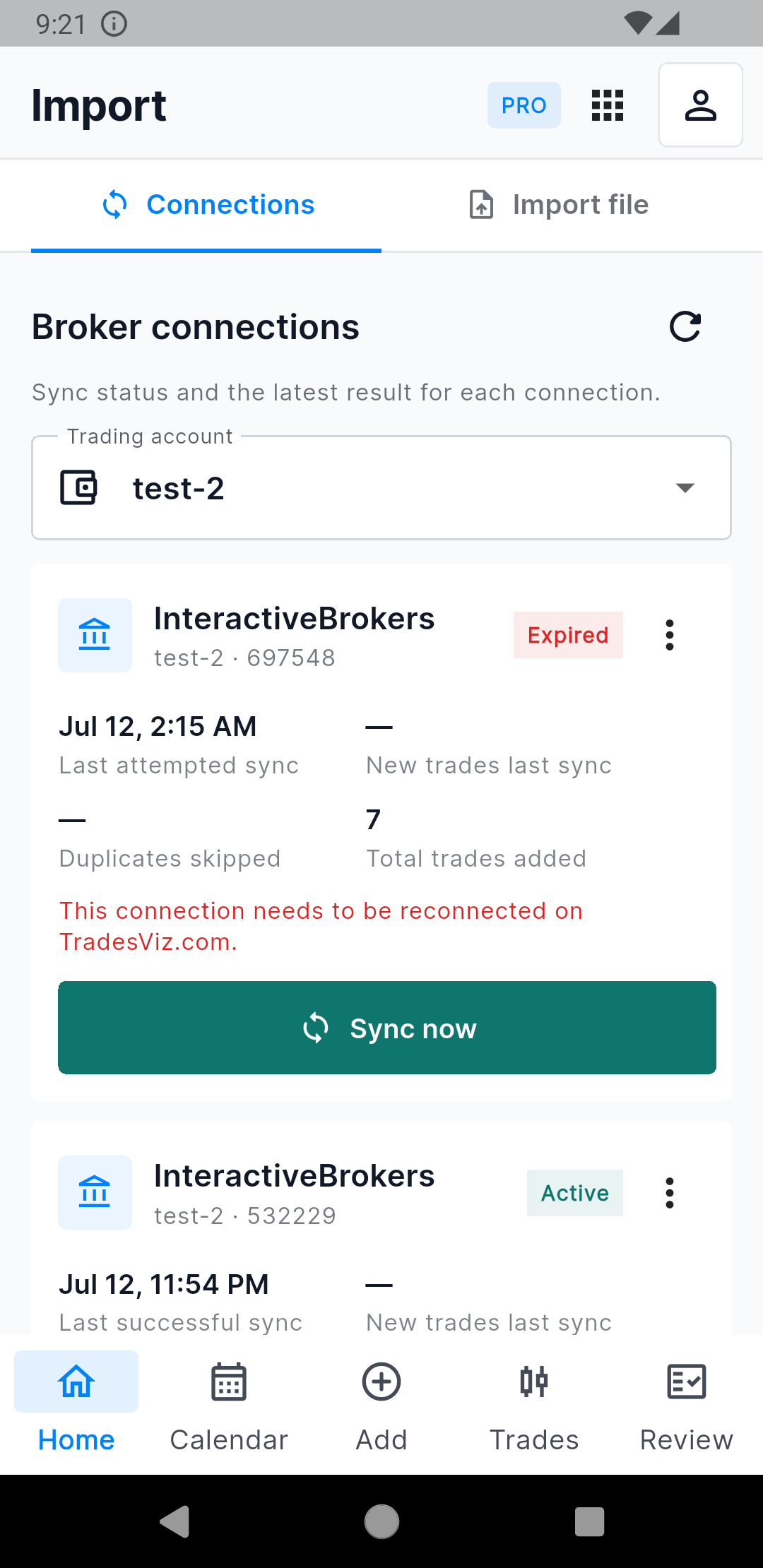 TradesViz Mobile V3 Interactive Brokers connection status
