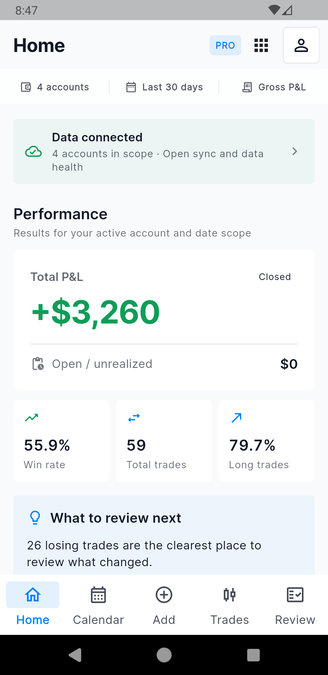 TradesViz Mobile V3 Home performance summary