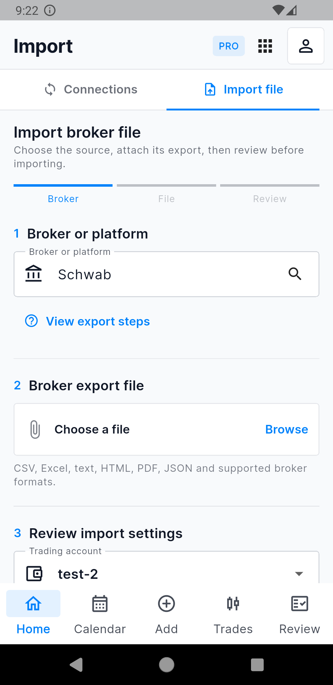 TradesViz Mobile V3 Schwab broker file import