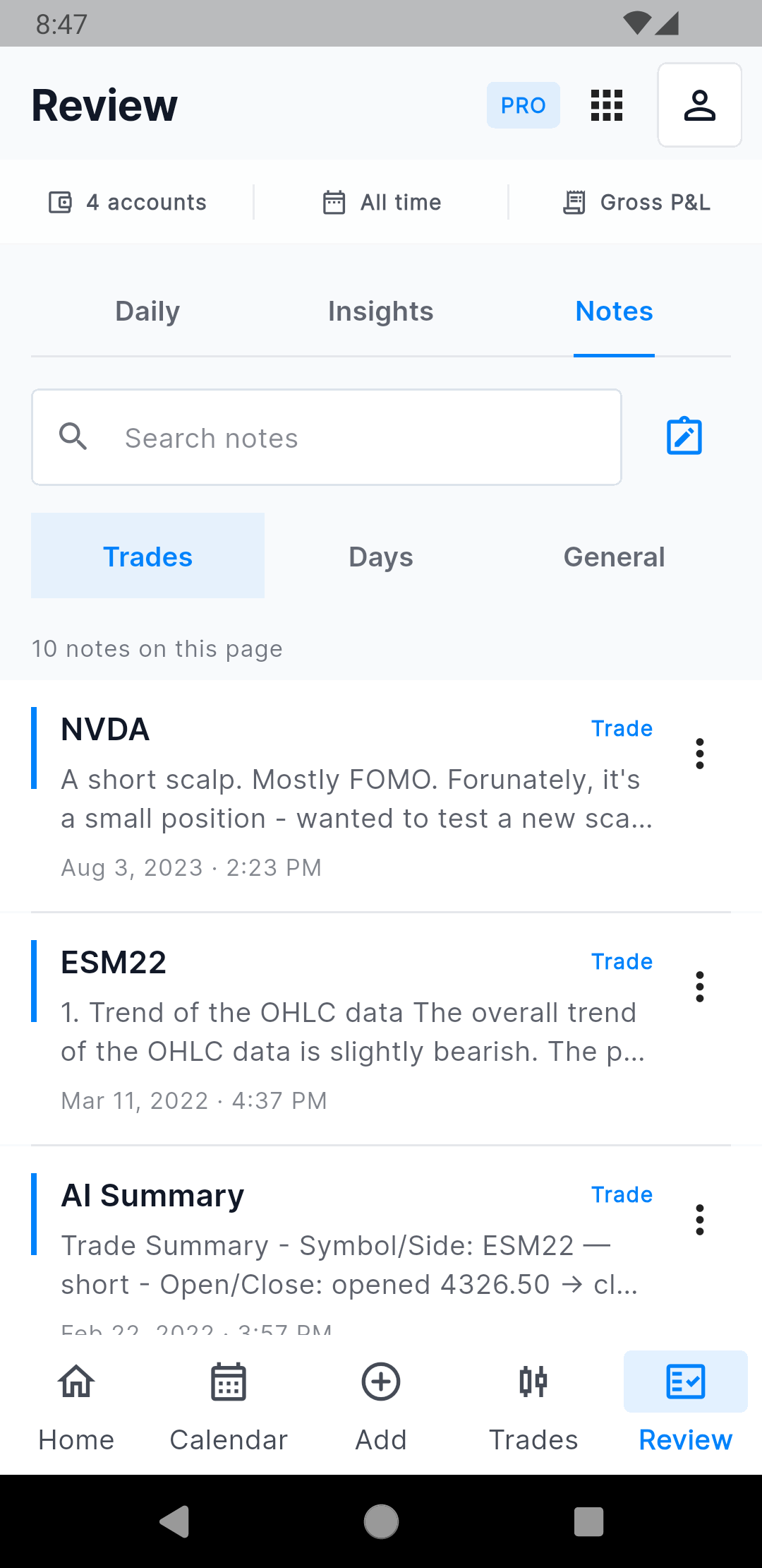 TradesViz Mobile V3 searchable trade and day notes