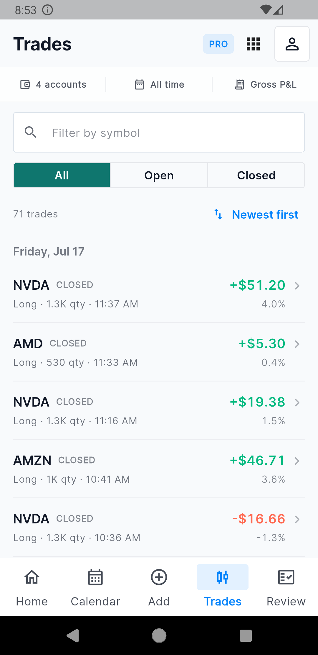 TradesViz Mobile V3 searchable trade list with NVDA trades