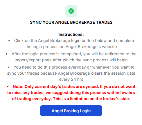 Angel One sync popup with the Angel Broking Login button and current-day trade sync instructions