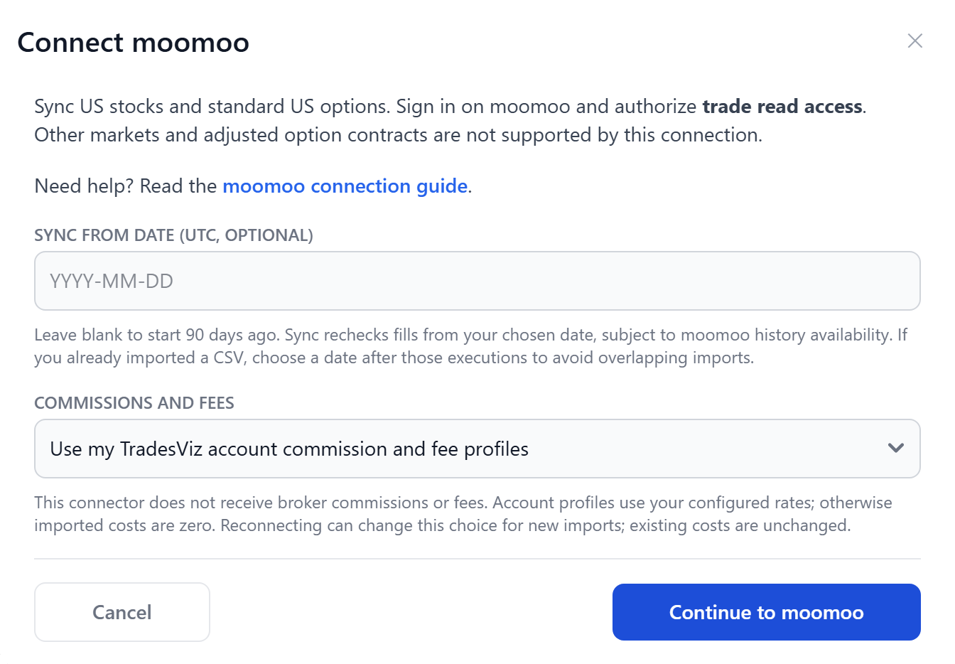 TradesViz moomoo connection form with a sync start date field and account commission profiles selected