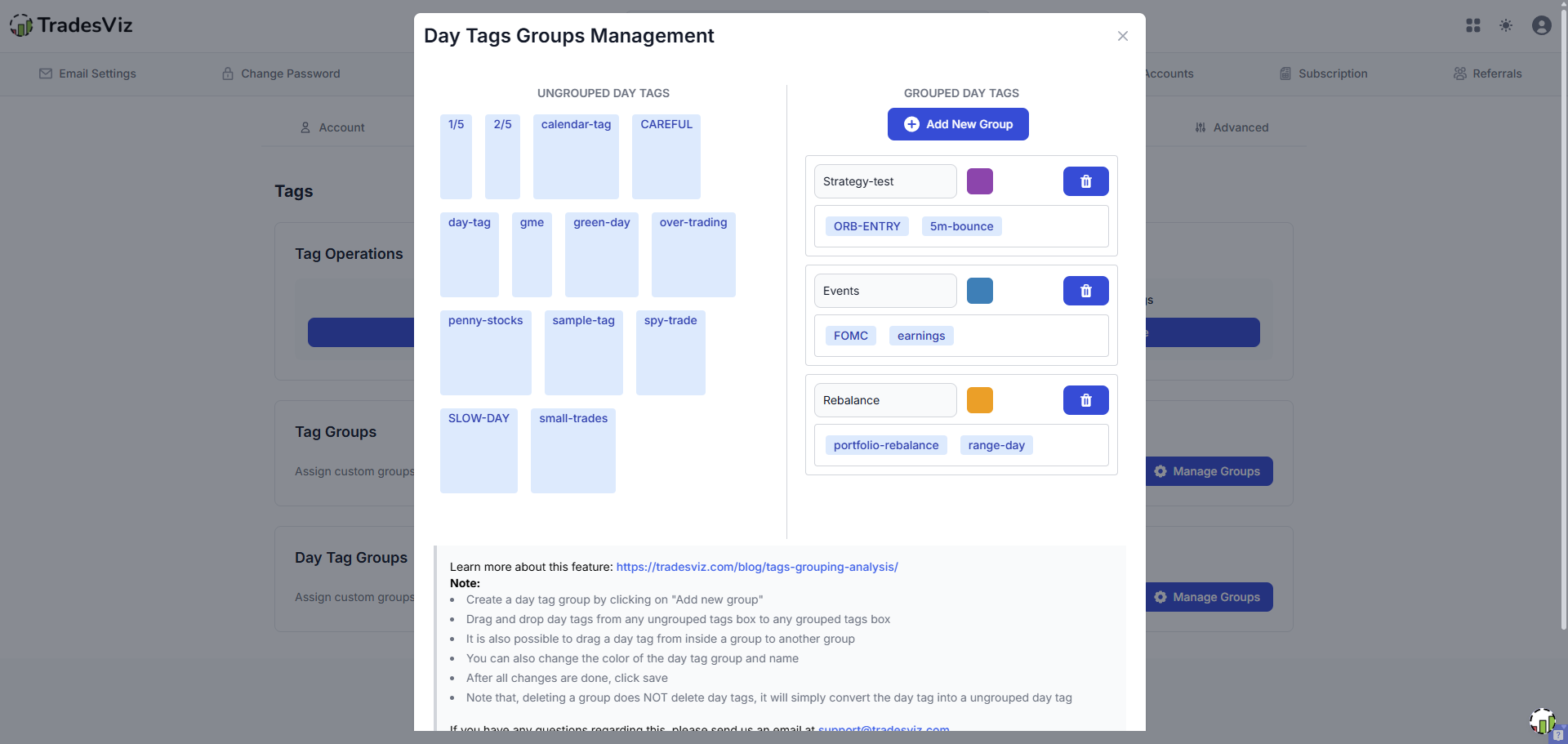 Day tag groups management modal in account settings