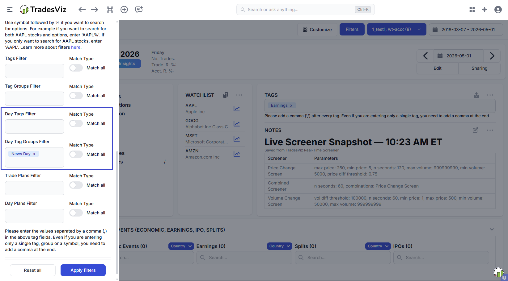 Day tags and day tag groups filter pills in the global filter bar