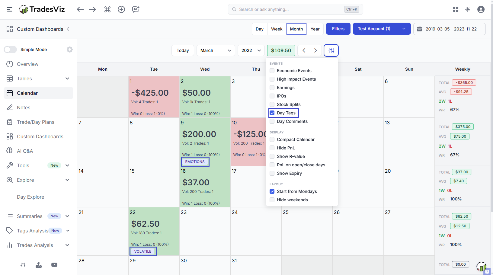 Calendar view with colored day tag chips