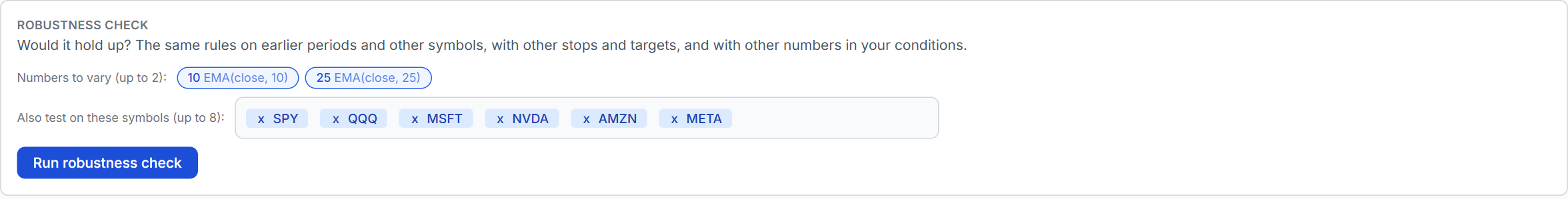 Robustness check settings: numbers to vary, other symbols to test, and the run button