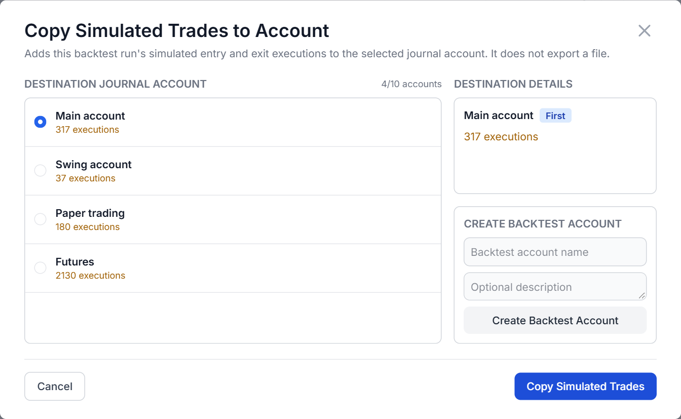 Copy simulated trades to a journal account dialog
