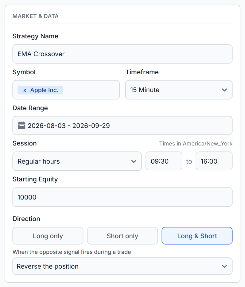 Market and data settings: symbol, timeframe, date range, session and starting equity
