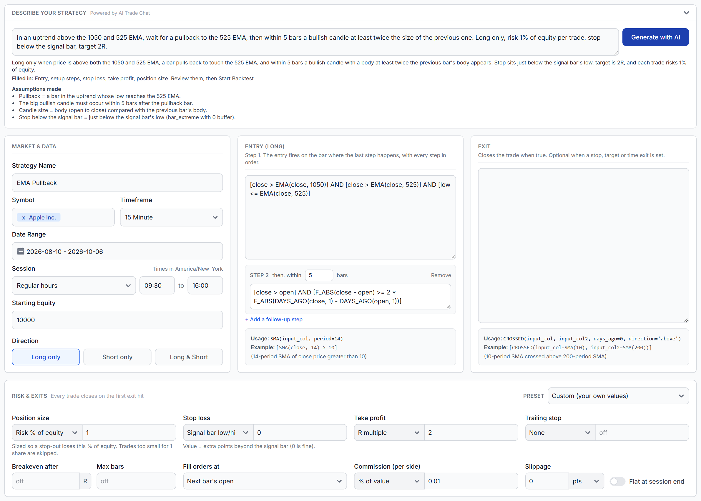 Generate with AI filling in entry rules, a follow-up step and risk settings from a plain-English description