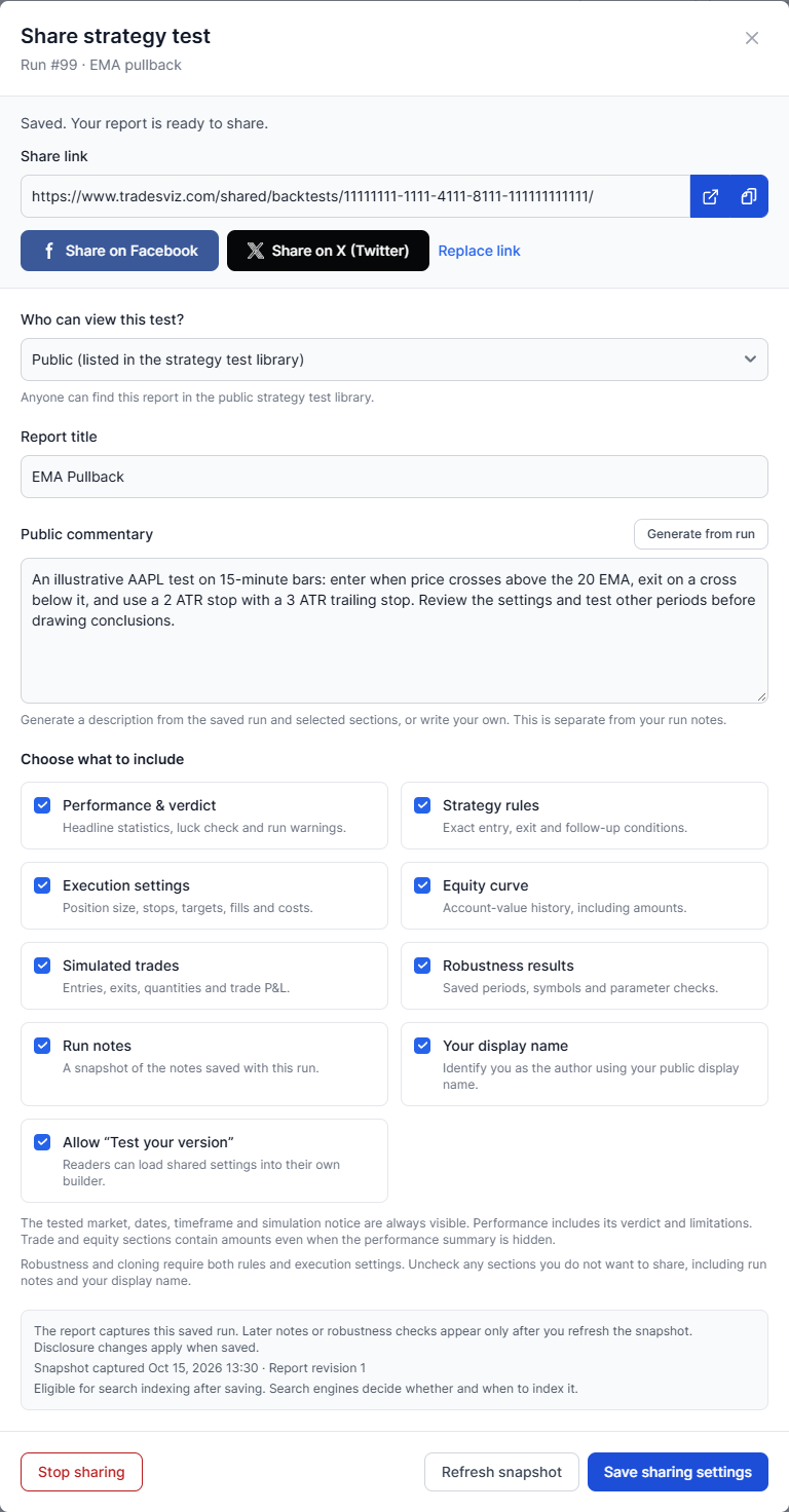 Example strategy test sharing settings with a copyable link, social share buttons, visibility and section controls