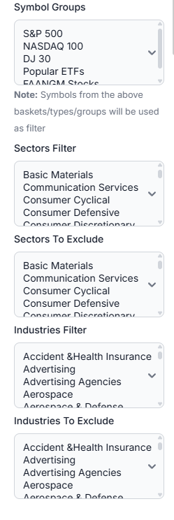 Filters: symbol groups, sectors and industries to include or exclude