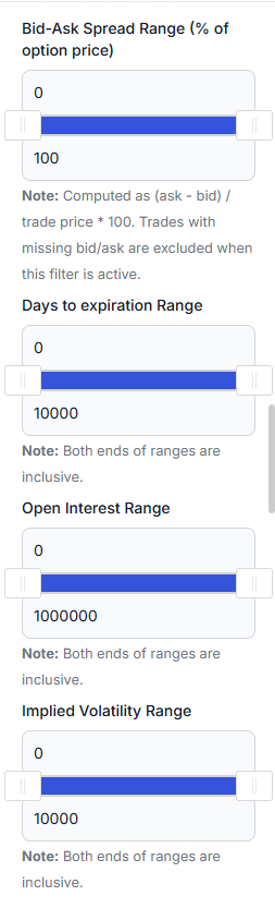 Filters: bid-ask spread, days to expiration, open interest and implied volatility