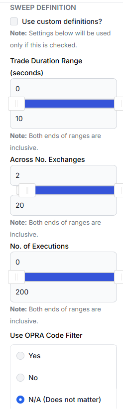 Custom sweep definition: trade duration, exchange count, executions and OPRA code