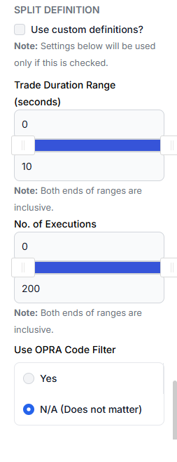 Custom split definition: trade duration, executions and OPRA code