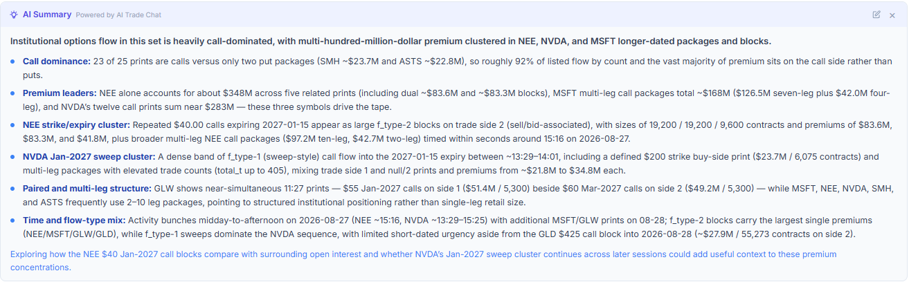 AI Summary panel describing call dominance, premium leaders and the NEE strike cluster