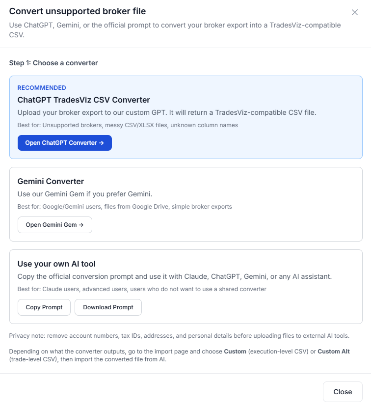 TradesViz import page where AI conversion can be launched