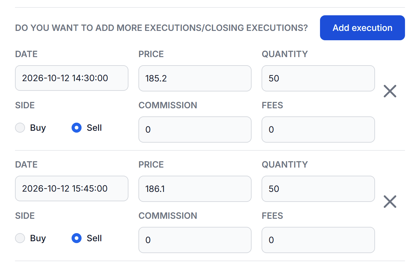 Two partial exit executions added by Fill with AI below the main execution