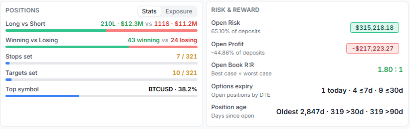 Positions breakdown card with long vs short exposure, winning vs losing, stop loss coverage bars next to risk reward card with open risk, open profit, open book risk reward ratio, options expiry and position age