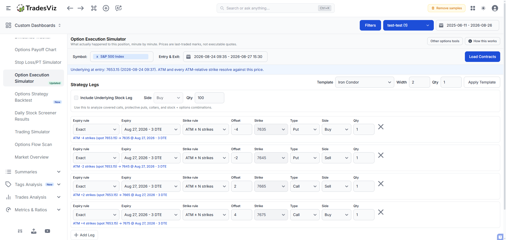 Option Execution Simulator with an Iron Condor template, ATM-relative strike rules and resolved SPXW contracts
