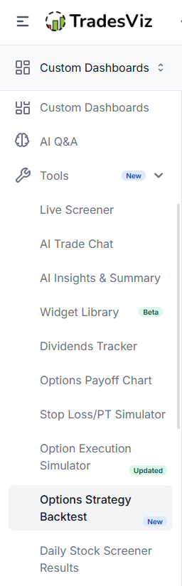 TradesViz sidebar showing the new Options Strategy Backtest tab
