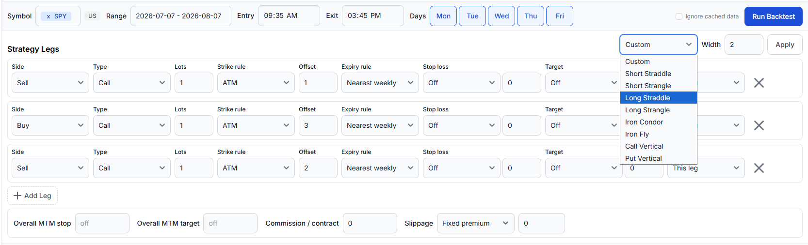 Strategy template dropdown with short straddle, strangle, iron condor, iron fly and vertical spreads