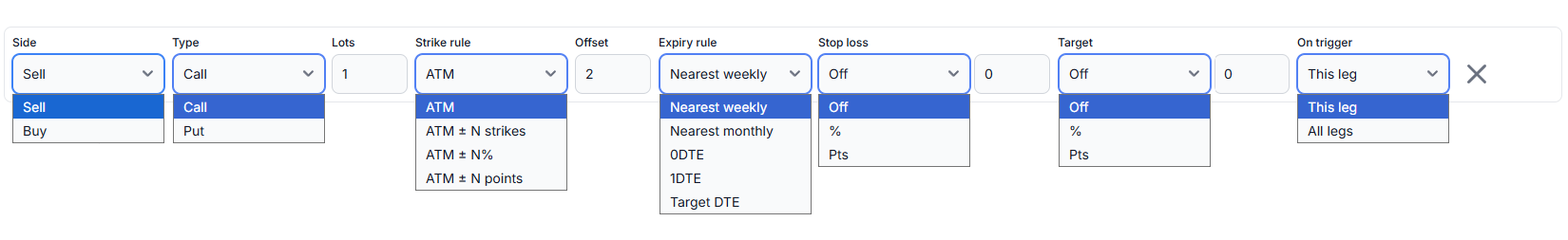 A single backtest leg row showing side, type, lots, strike rule, offset, expiry rule, stop loss, target and on-trigger controls