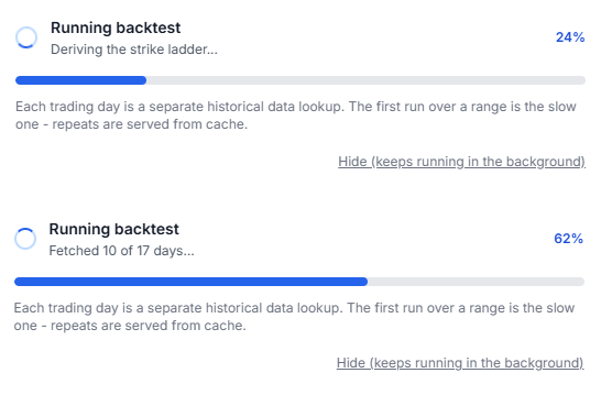 Backtest progress dialog showing day-by-day fetch progress