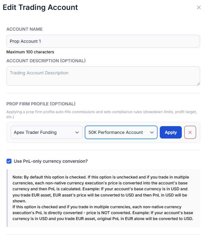 Prop firm profile selector modal showing 20 firms and account sizes