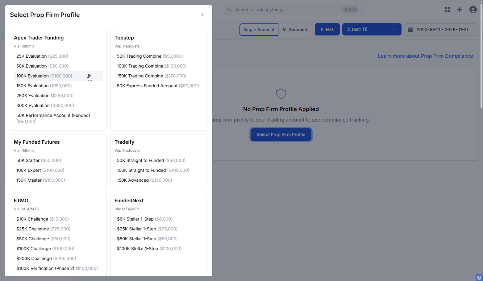 Prop firm profile selector modal showing 20 firms and account sizes