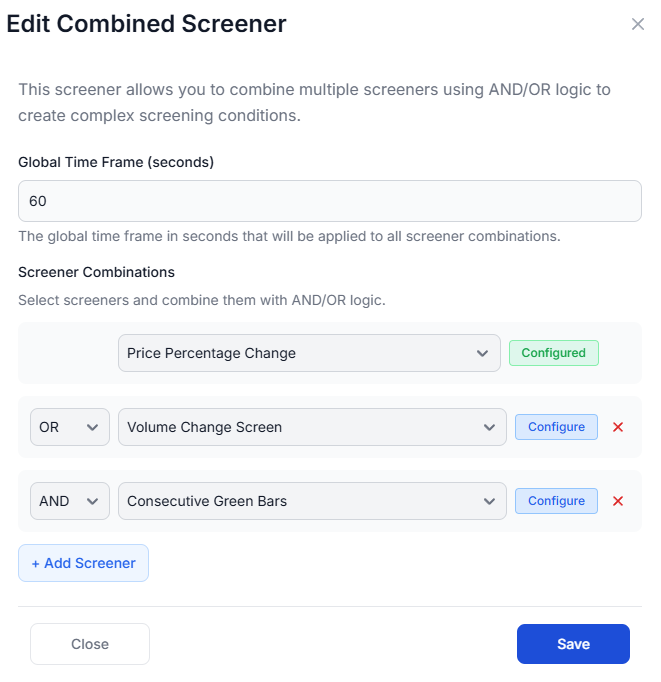 Combined Screener configuration with multiple AND/OR conditions