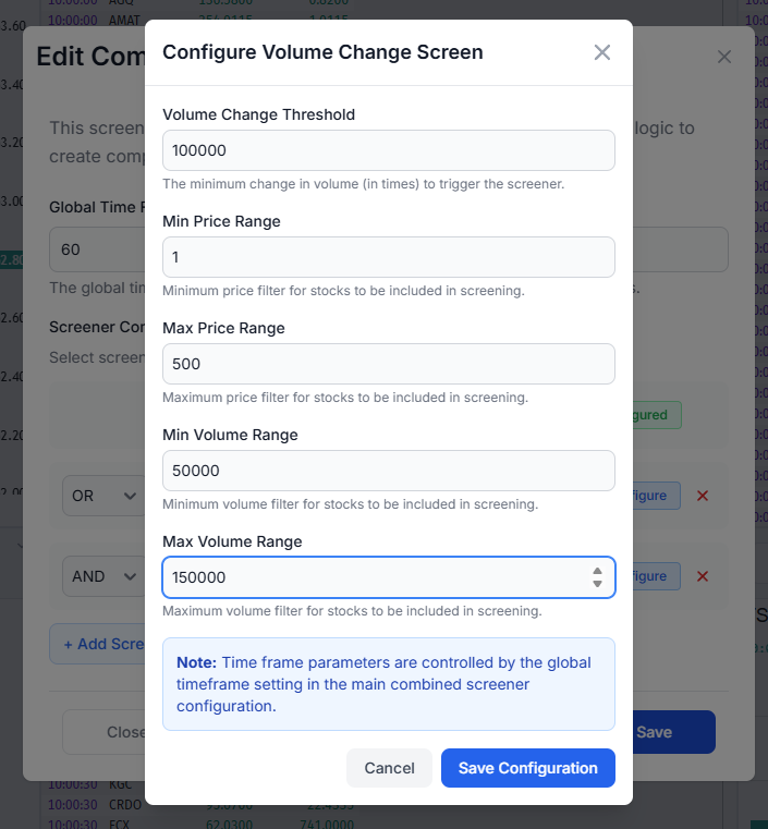 Combined Screener configuration with multiple AND/OR conditions
