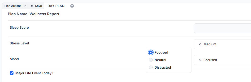 Day-plan editor with a Wellness Report for sleep, stress, and mood