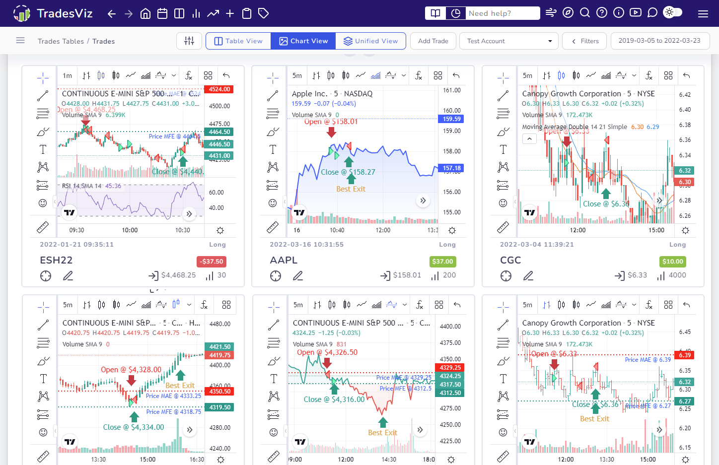 TradesViz trading journal charting