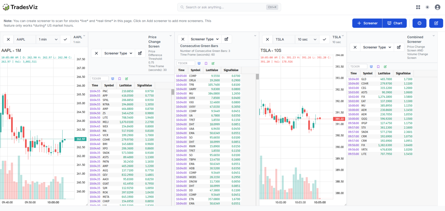 TradesViz trading journal real-time stock screener